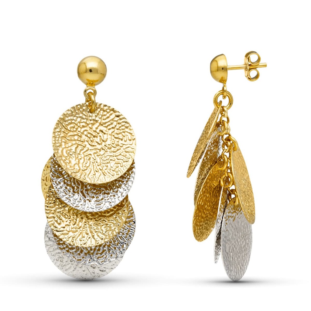 18K PENDIENTES ORO BICOLOR CIRCULOS LABRADOS