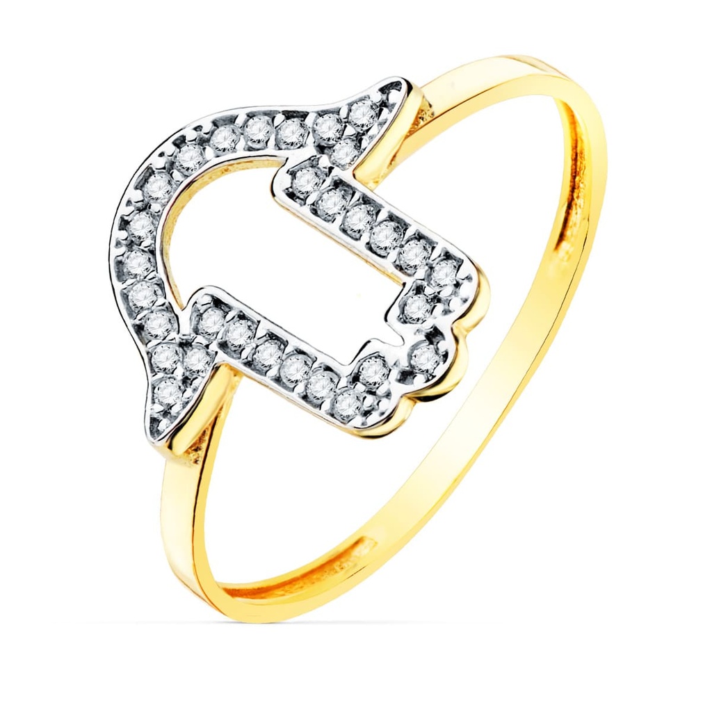 18K SORTIJA ORO AMARILLO MANO FATIMA CIRCONITAS 13X13 MM ANCHO CUERPO 1.2 MM