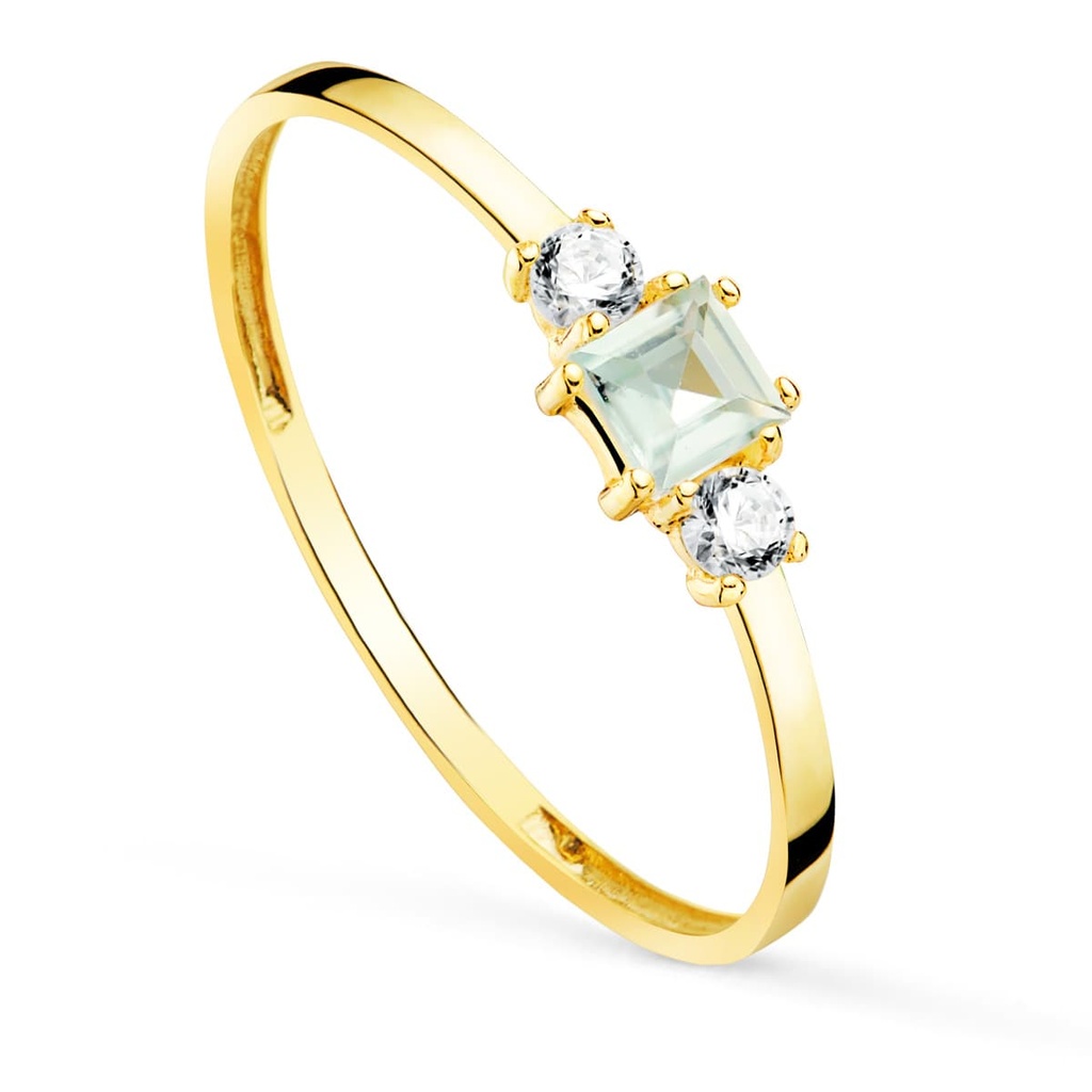 18K SORTIJA ORO AMARILLO PIEDRA AGUAMARINA Y CIRCONITAS ANCHO CUERPO 1.5 MM
