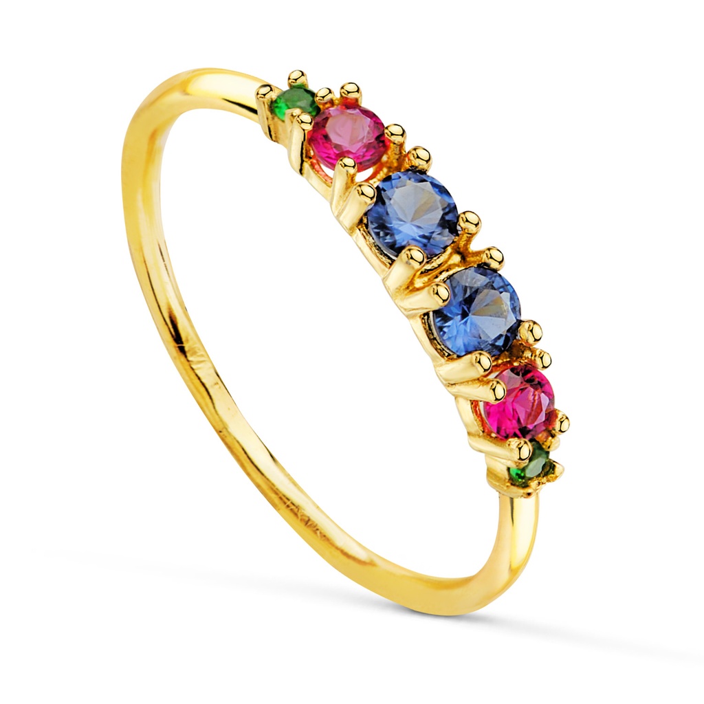 18K SORTIJA ORO AMARILLO 6 CIRCONITAS COLORES EN GARRAS. ANCHO CUERPO: 1.5MM