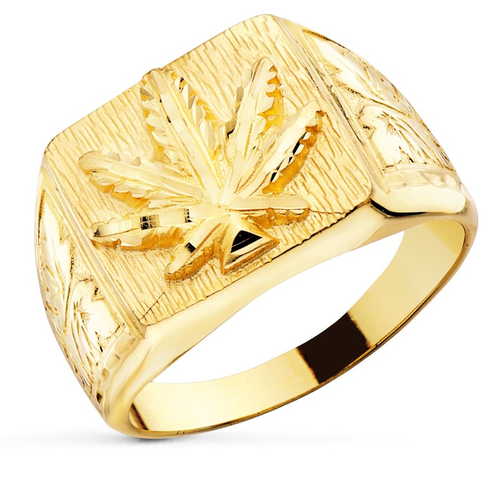 18K SELLO ORO AMARILLO RECTANGULAR HOJA MARIHUANA 15X14 MM