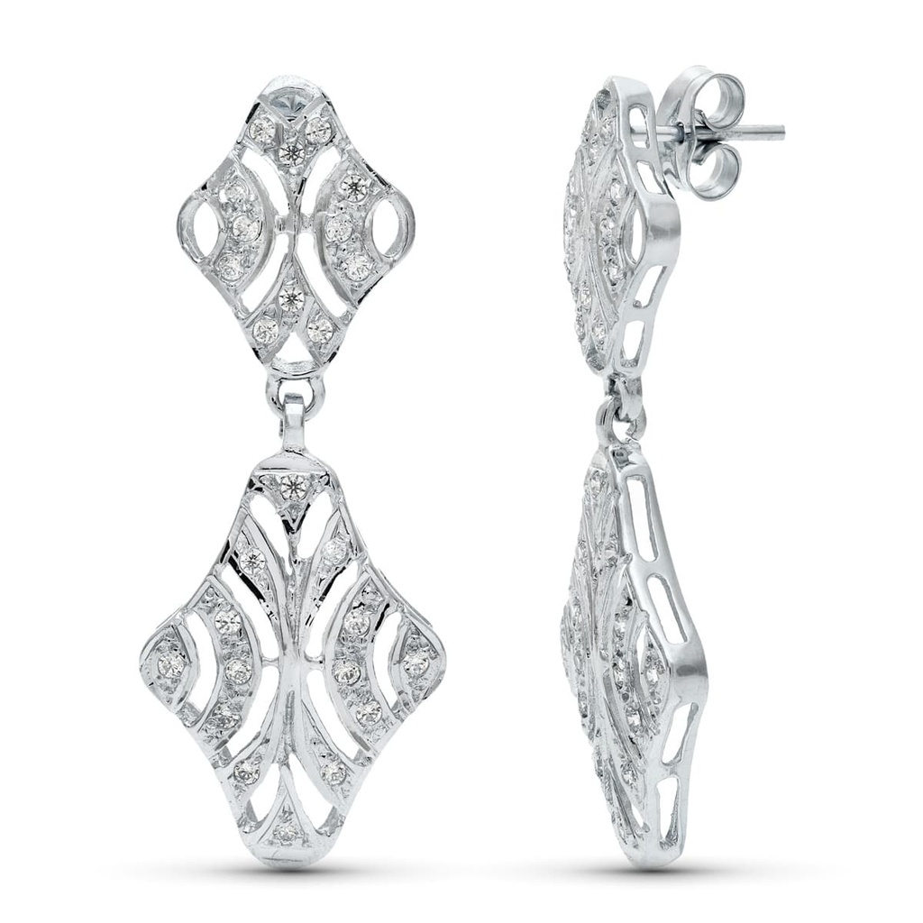 18K PENDIENTES ORO BLANCO DOBLE CUERPO JUEGO NOVIA CIRCONITAS 40X15 MM PRESION