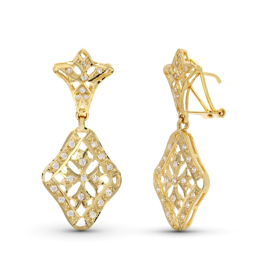 18K PENDIENTES ORO AMARILLO DOS CUERPOS CON CIRCONITAS 40X17 MM CIERRE OMEGA