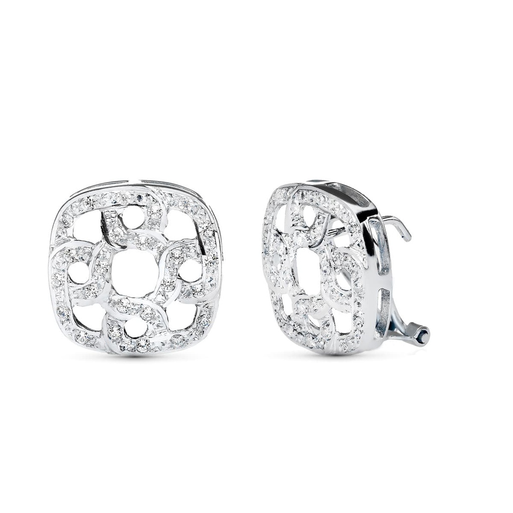 18K PENDIENTES ORO BLANCO JUEGO NOVIA 16X16 MM CIERRE OMEGA