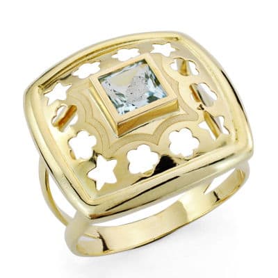 18K SORTIJA ORO AMARILLO PIEDRA CUADRADA. FLORES Y ESTRELLA