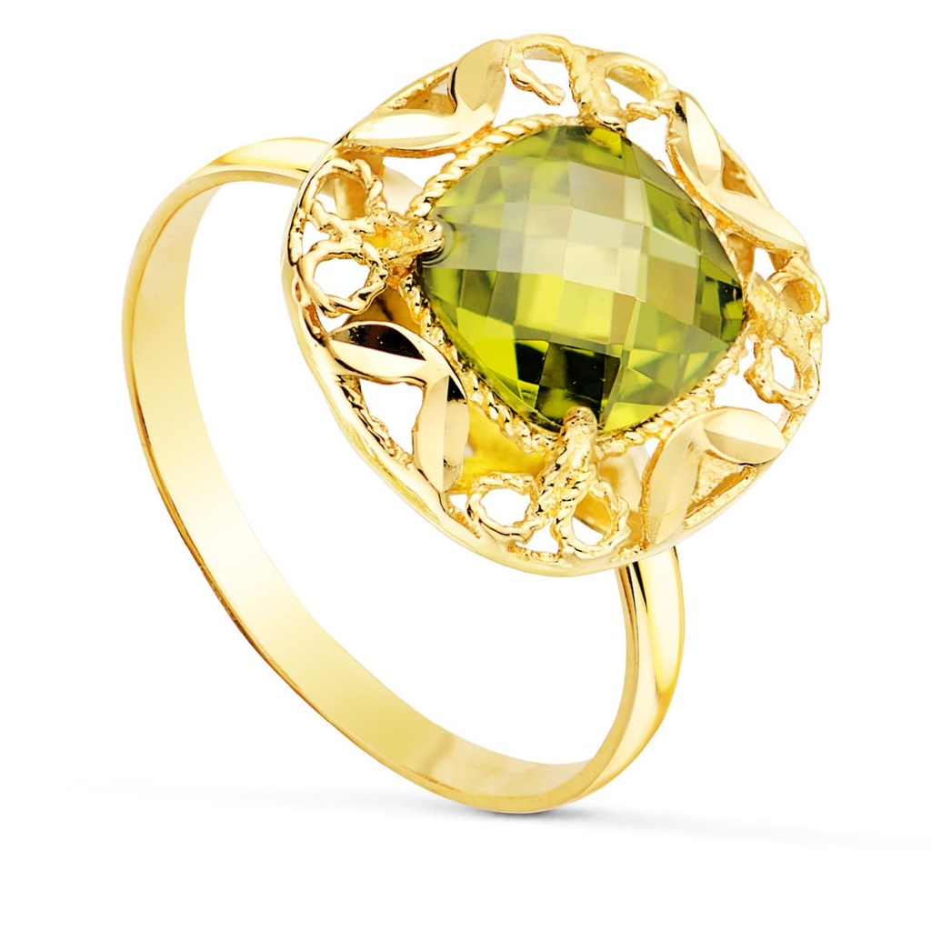 18K SORTIJA ORO AMARILLO PIEDRA VERDE 8 MM CERCO CALADO