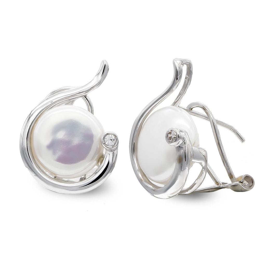 18K PENDIENTES ORO BLANCO PERLA BOTON 10 MM