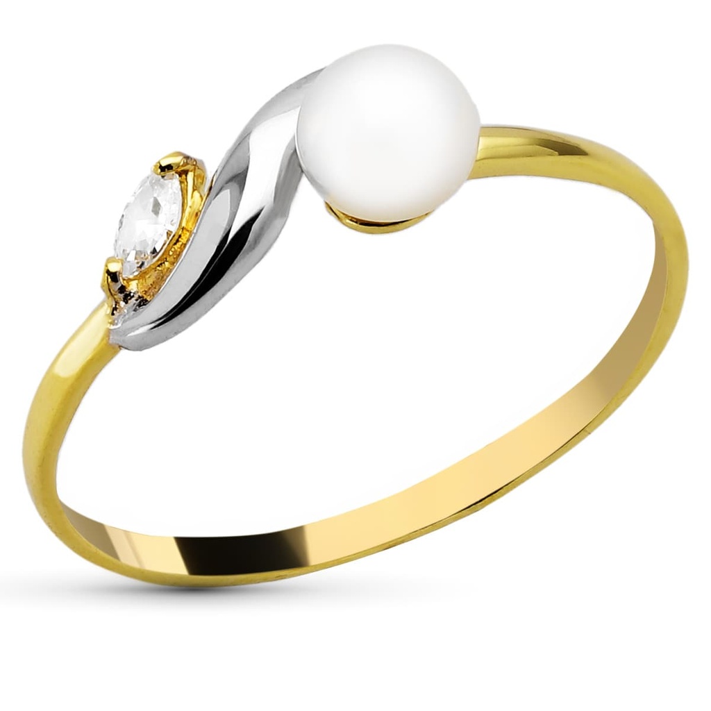 18K SORTIJA ORO BICOLOR COMUNION PERLA 4.5 MM ANCHO CUERPO 6 MM