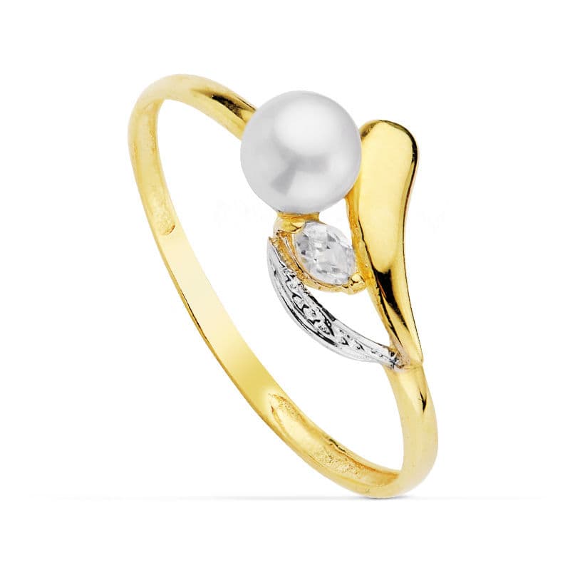 18K SORTIJA BICOLOR PERLA 4.5 MM Y PIEDRA