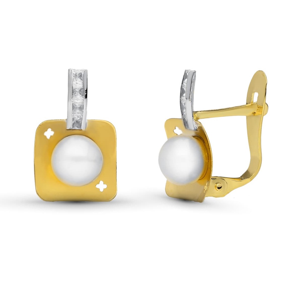 18K PENDIENTES ORO BICOLOR PERLA 12X8 MM