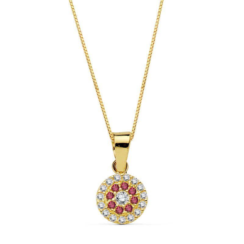 18K GARGANTILA COLLAR ORO AMARILLO REDONDO PIEDRA ROJA 7 MM CADENA 45 CM
