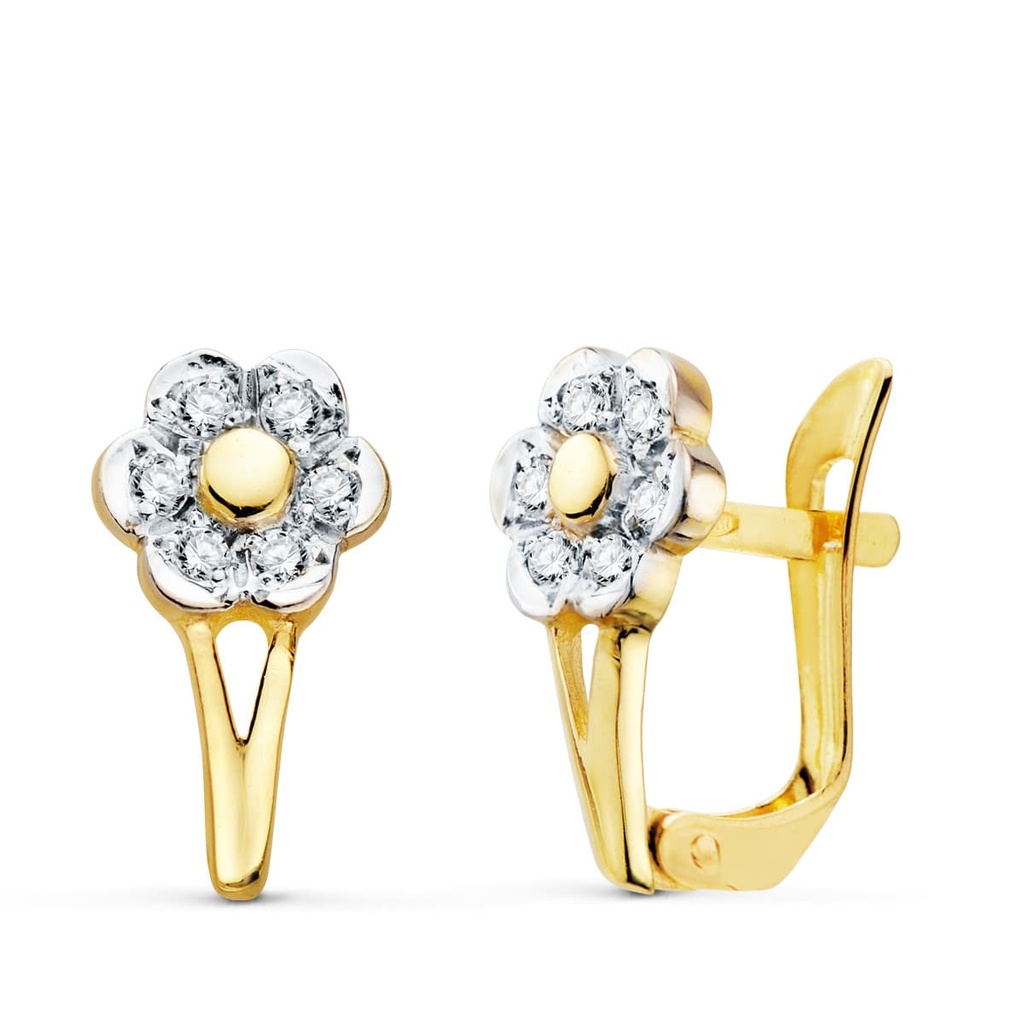 18K PENDIENTES ORO BICOLOR FLOR CON CIRCONITAS 13X7 MM CIERRE CATALAN