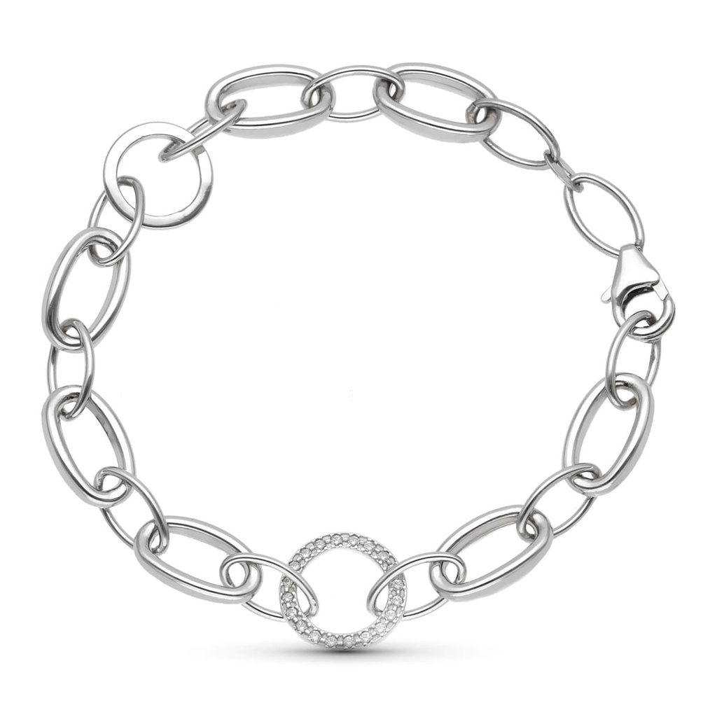 18K PULSERA ORO BLANCO ESLABON OVAL Y CIRCULAR CON CIRCONITAS 18.5 CM