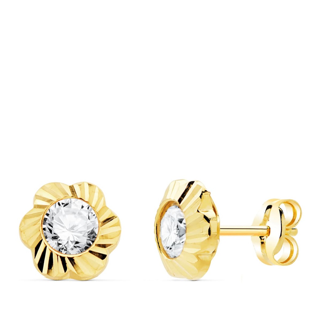 18K PENDIENTES ORO AMARILLO FLOR TALLADA CON CIRCONITA 7X7 MM CIERRE PRESION