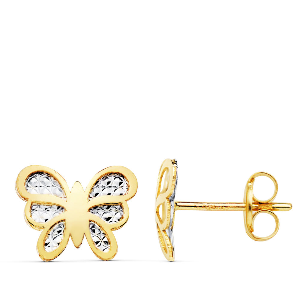 18K PENDIENTES MARIPOSA BICOLOR 10X8 MM CIERRE PRESION