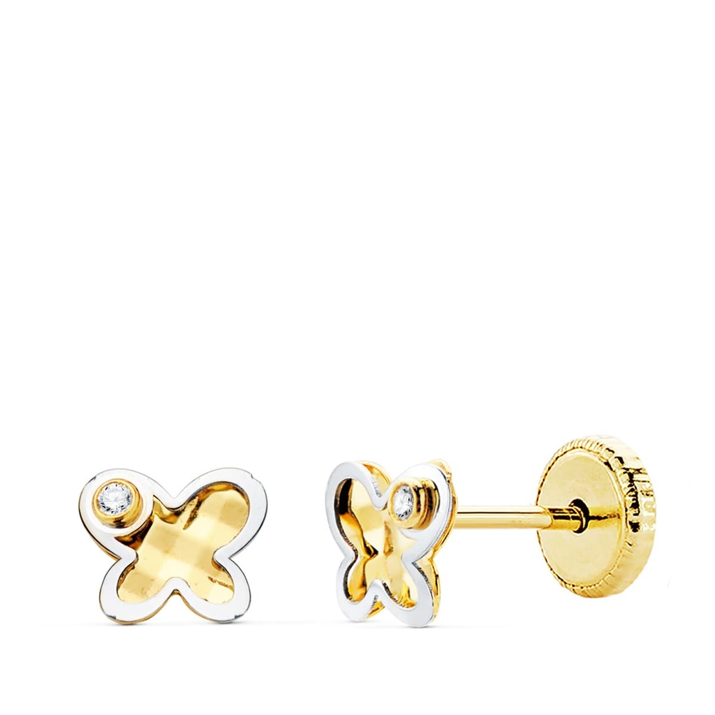 18K PENDIENTES MARIPOSA ORO BICOLOR CIRCONITA 5.5X4.5 MM