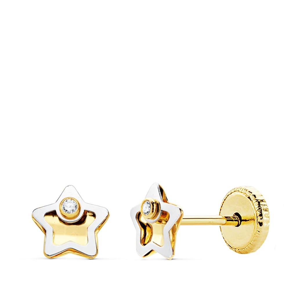 18K PENDIENTES ORO BICOLOR ESTRELLA CIRCONITA 5X5 MM