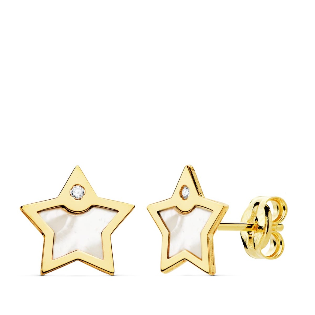 18K PENDIENTES ESTRELLA NACAR Y CIRCONITAS 8X8 MM
