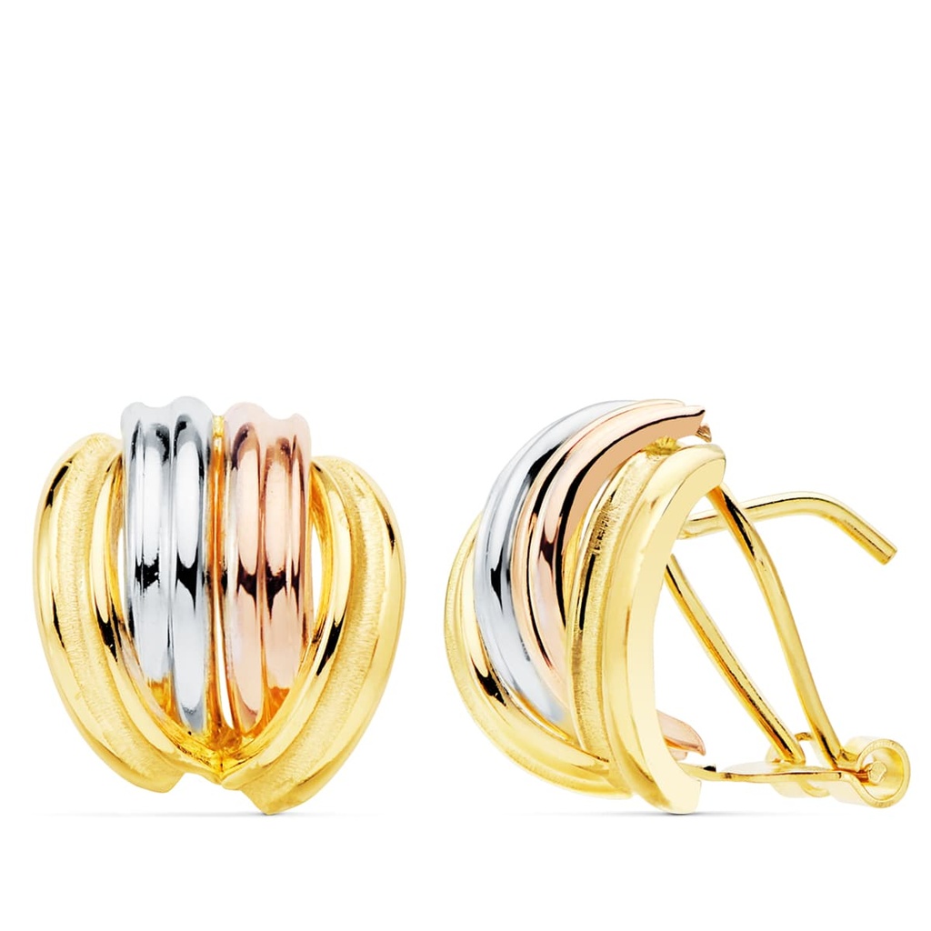 18K PENDIENTES ORO TRICOLOR BANDAS LISAS 13X12 MM CIERRE OMEGA