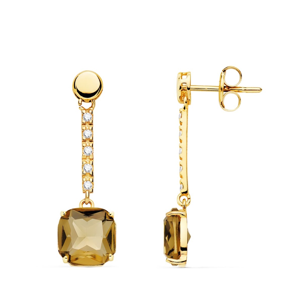 18K PENDIENTES ORO AMARILLO PIEDRA CUADRADA COLOR FUME. 28X8 MM