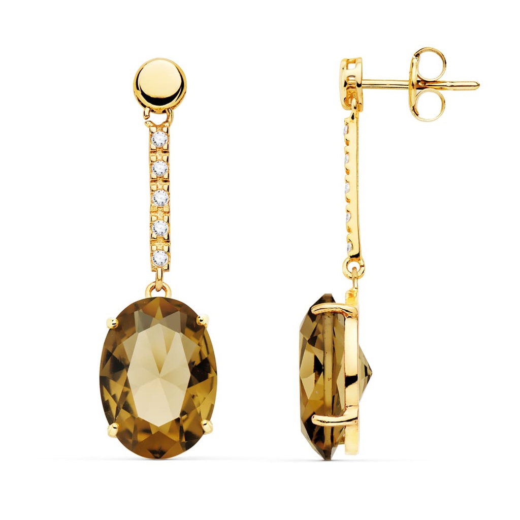 18K PENDIENTES ORO AMARILLO PIEDRA OVAL COLOR FUME. 35X10 MM