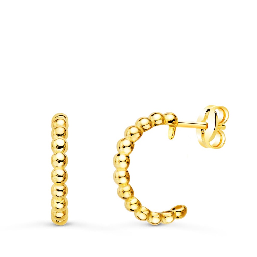 18K AROS ORO AMARILLO ABIERTOS BOLAS LISAS 14 MM ANCHO 2 MM CIERRE PRESION