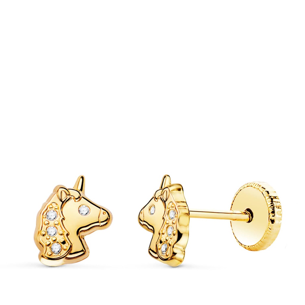 18K PENDIENTES ORO AMARILLO UNICORNIOS BRILLO CON CIRCONITAS TUERCA 7.5 X 6MM
