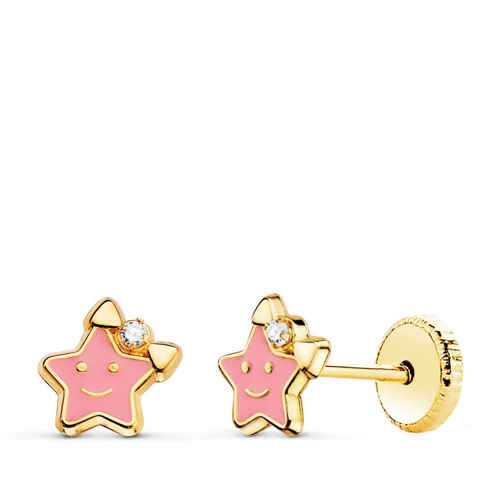 18K PENDIENTES ORO AMARILLO ESTRELLA ESMALTE ROSA CIERRE TUERCA 6.5 X 6.5 MM
