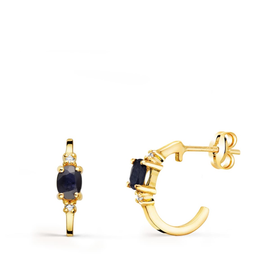 18K PENDIENTES ORO AMARILLO MEDIO ARO LISO CON ZAFIROS 12X3 MM PRESION.