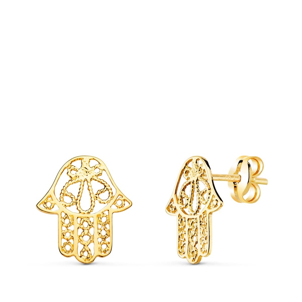 18K PENDIENTES ORO AMARILLO MANO DE FATIMA CALADA PRESION 12 X 11 MM