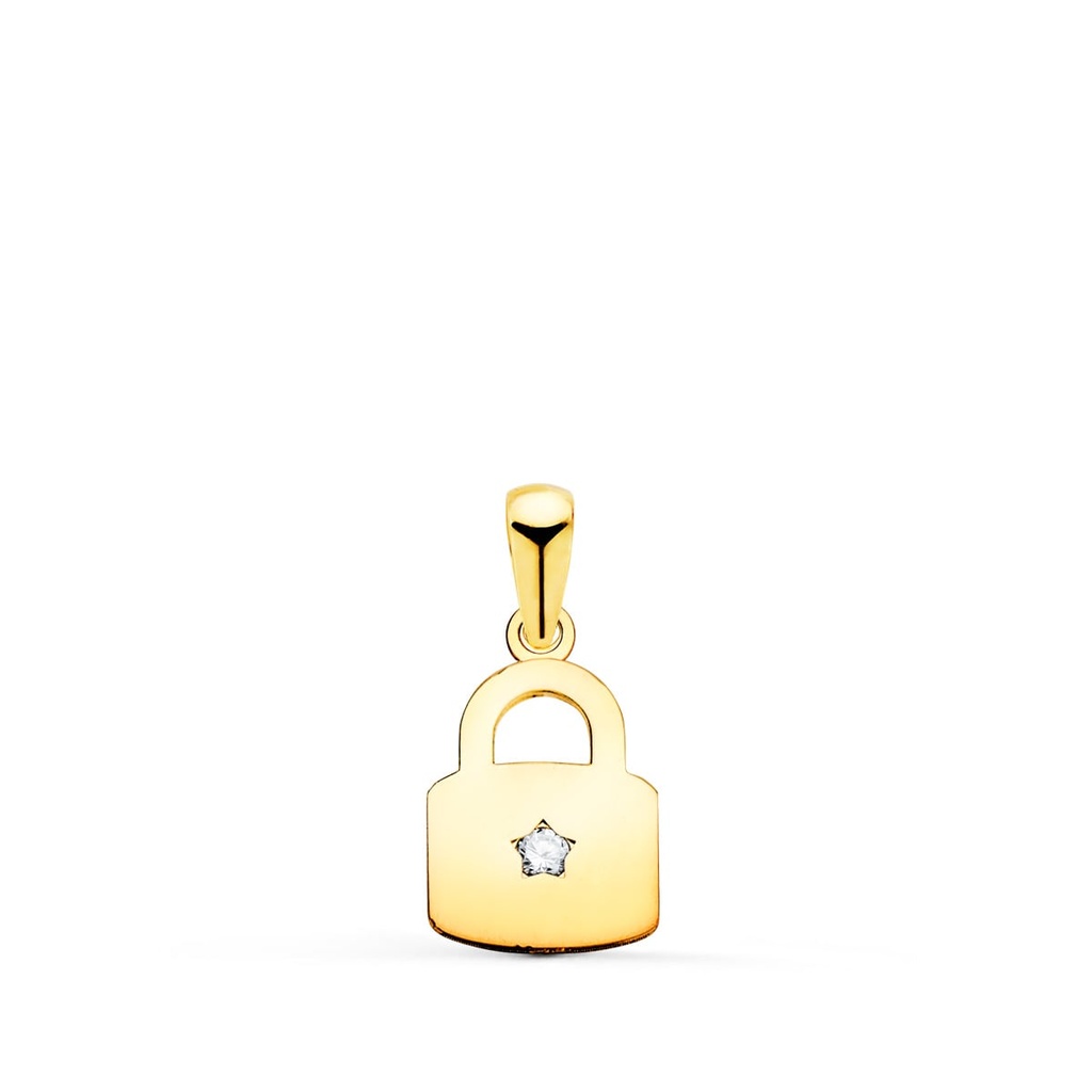18K COLGANTE ORO AMARILLO CANDADO EN BRILLO CON CIRCONITA 14 X 9 MM