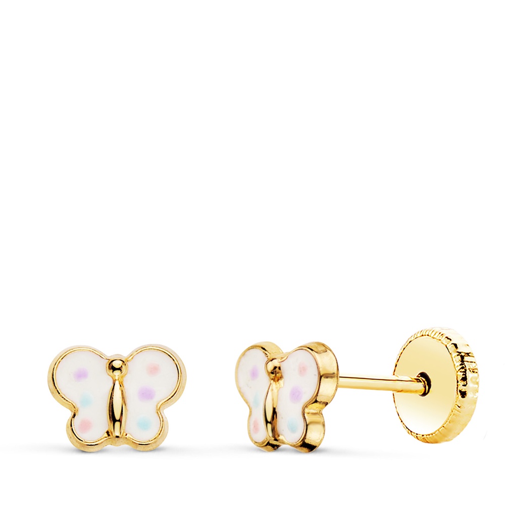 18K PENDIENTES ORO AMARILLO MARIPOSA ESMALTE 6 X 4.5 MM CIERRE TUERCA