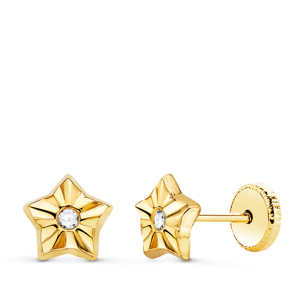18K PENDIENTES ORO AMARILLO ESTRELLA CON CIRCONITAS 6.5 X 6.5 MM CIERRE TUERCA