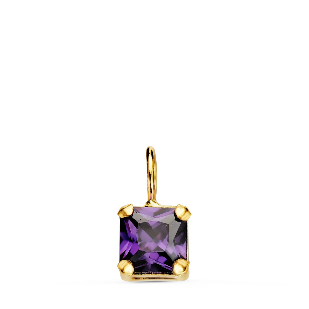 18K COLGANTE ORO AMARILLO CUADRADO CON GARRAS Y PIEDRA COLOR AMATISTA 5.5 X 5.5 MM.