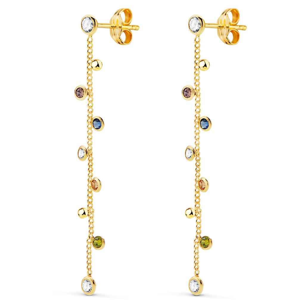 18K PENDIENTES ORO AMARILLO LARGOS CON CADENA Y CIRCONITAS COLORES 45 MM. CIERRE PRESION