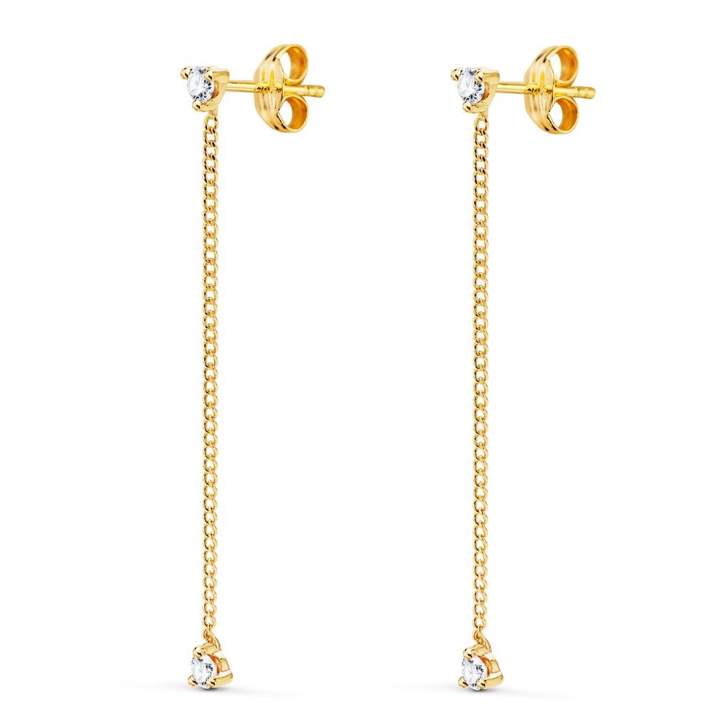 18K PENDIENTES ORO AMARILLO LARGOS CON CADENA Y CIRCONITAS 42 MM. CIERRE PRESION