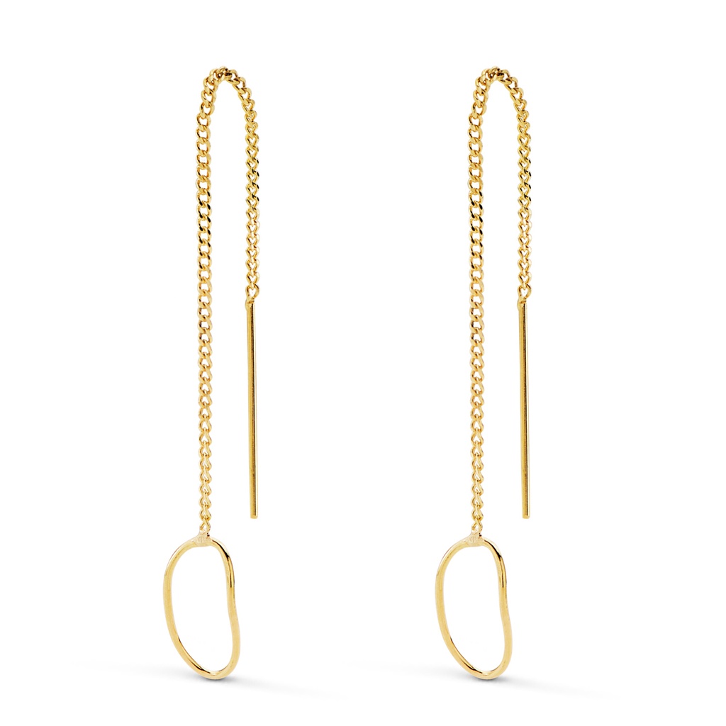 18K PENDIENTES ORO AMARILLO LARGOS CON CADENA Y MOTIVO OVAL. LARGO 76 MM