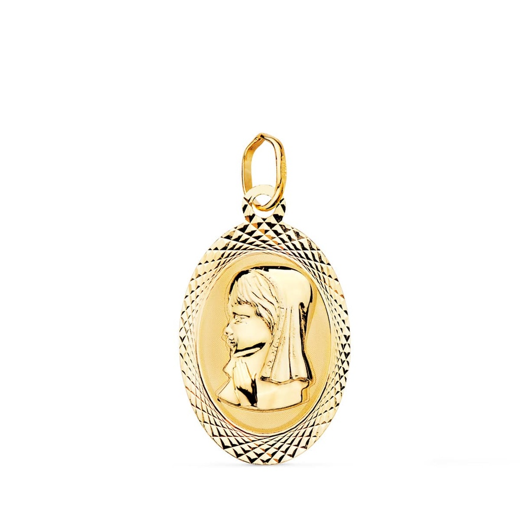 18K MEDALLA VIRGEN NIÑA OVAL TALLADA BRILLO Y MATE 18X12 MM