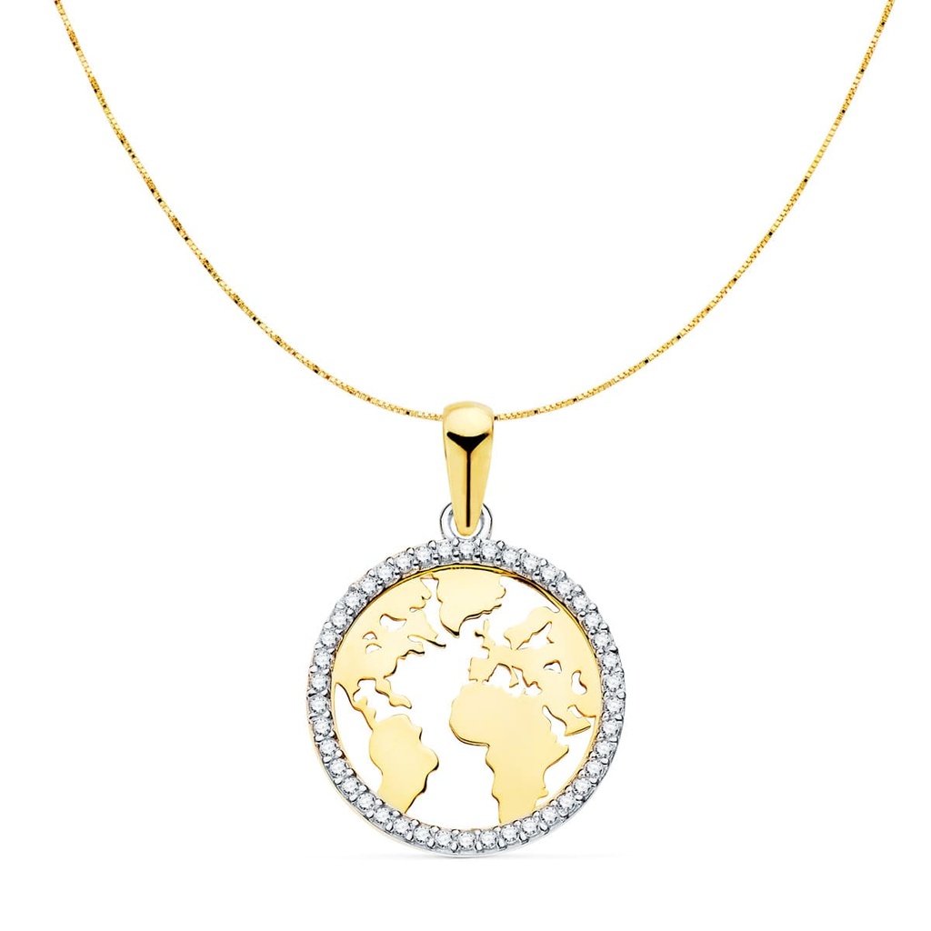 18K COLGANTE ORO BICOLOR BOLA MUNDO CON CIRCONITAS 16 MM CAD. VENECIANA 42+3 CM