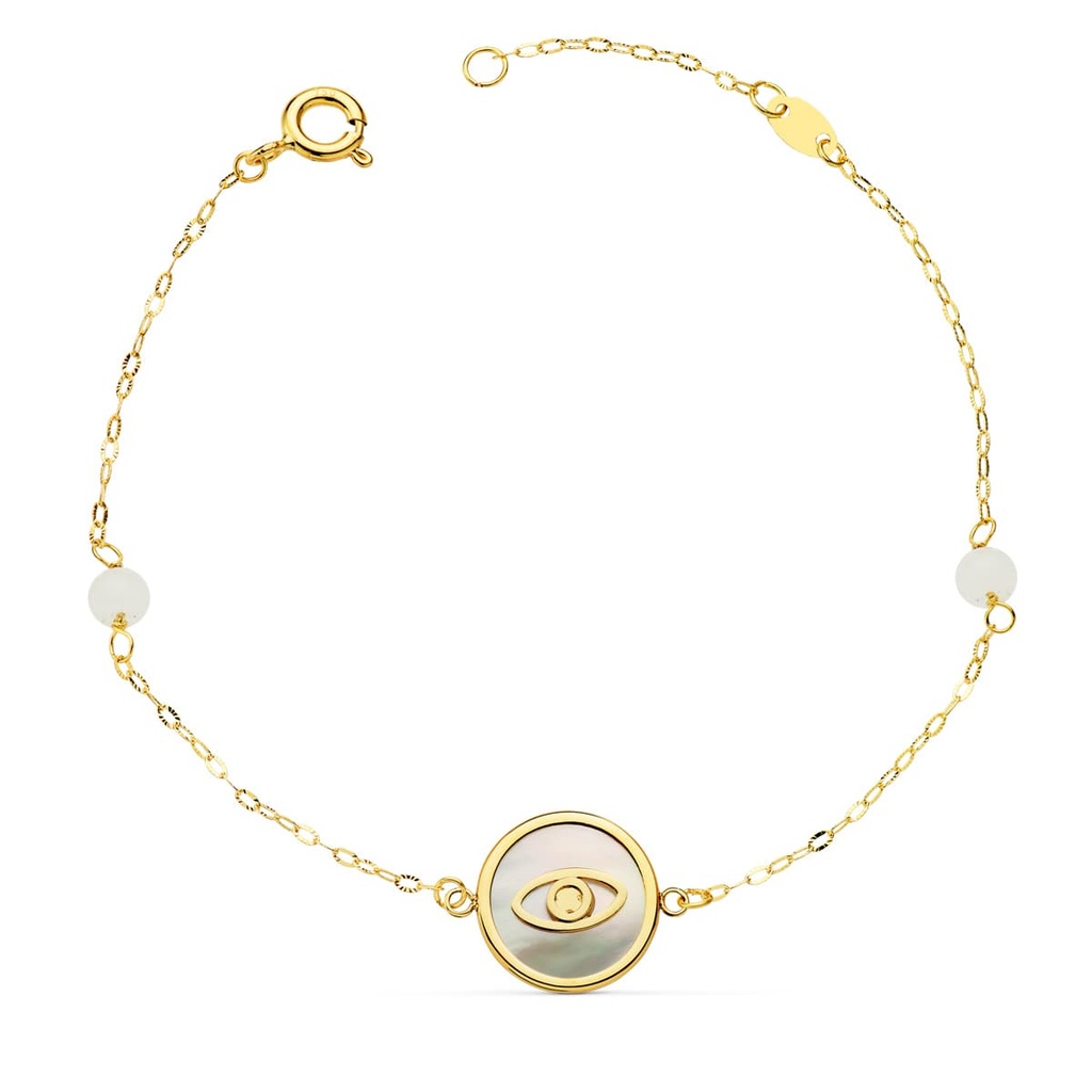 18K PULSERA NACAR CON OJO TURCO 12 MM Y BOLAS JADE 4 MM CADENA 18 + 2.5 CM