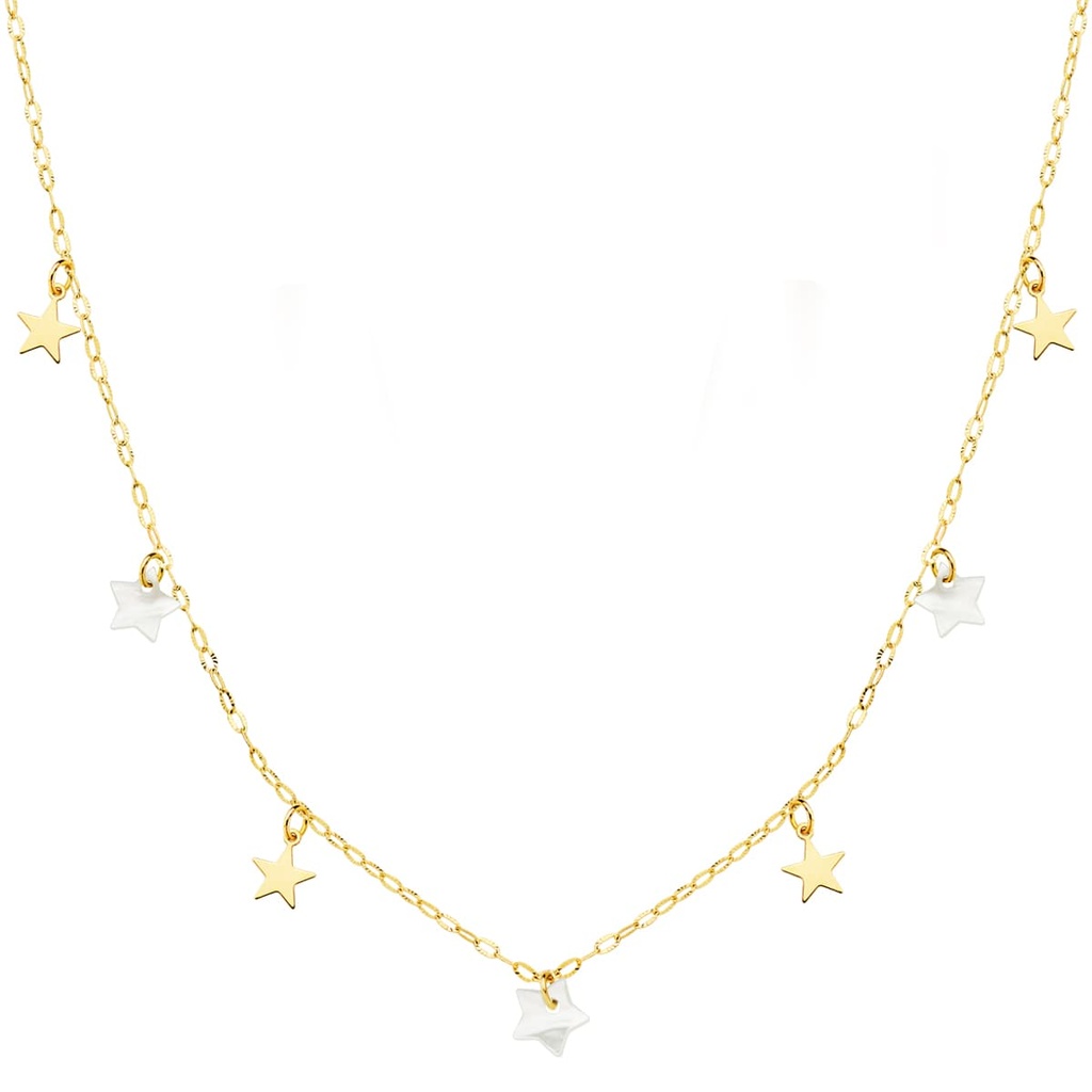 18K GARGANTILLA ORO AMARILLO ESTRELLAS LISAS Y NACAR 5.5 MM CADENA FORZADA 45 CM