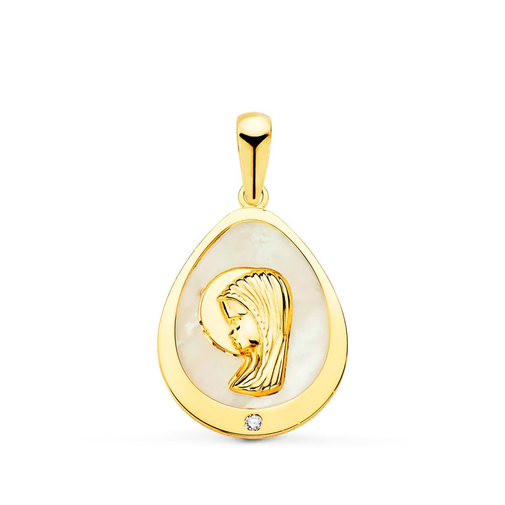 18K MEDALLA VIRGEN NIÑA LAGRIMA CON NACAR Y CIRCONITA 15X12 MM