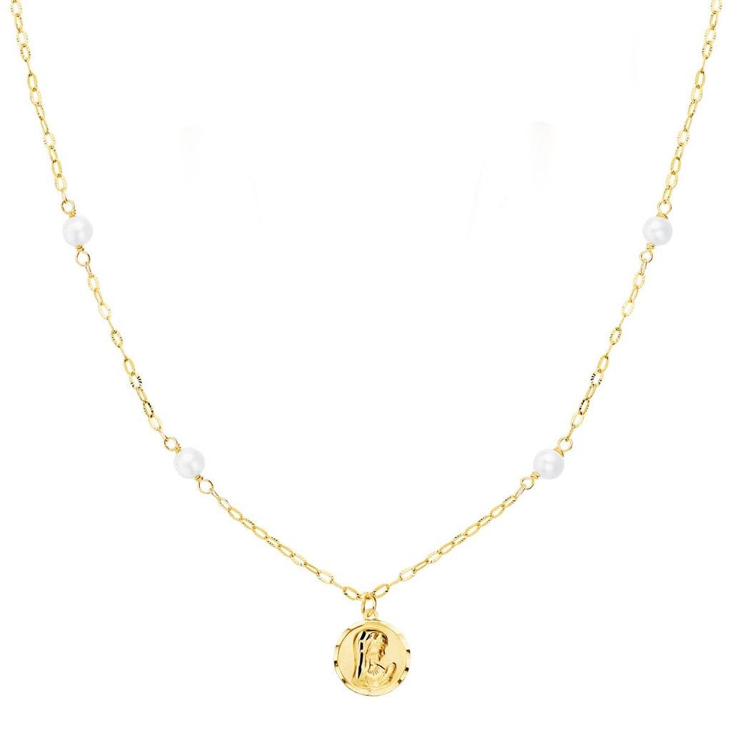 GARGANTILLA ORO AMARILLO VIRGEN NIÑA 8 MM PERLAS 3.5 MM CADENA FORZADA 40 CM
