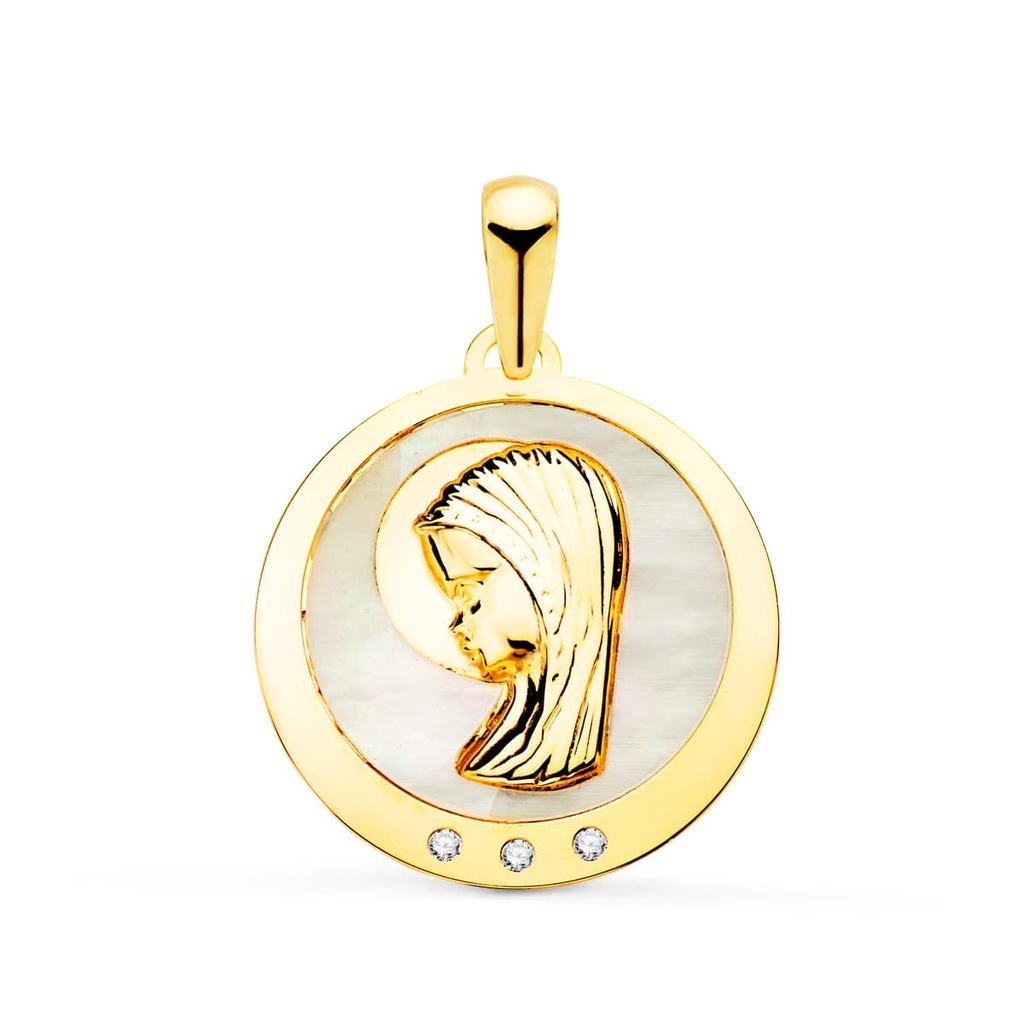 18K MEDALLA VIRGEN NIÑA CON NACAR Y CIRCONITAS 19 MM