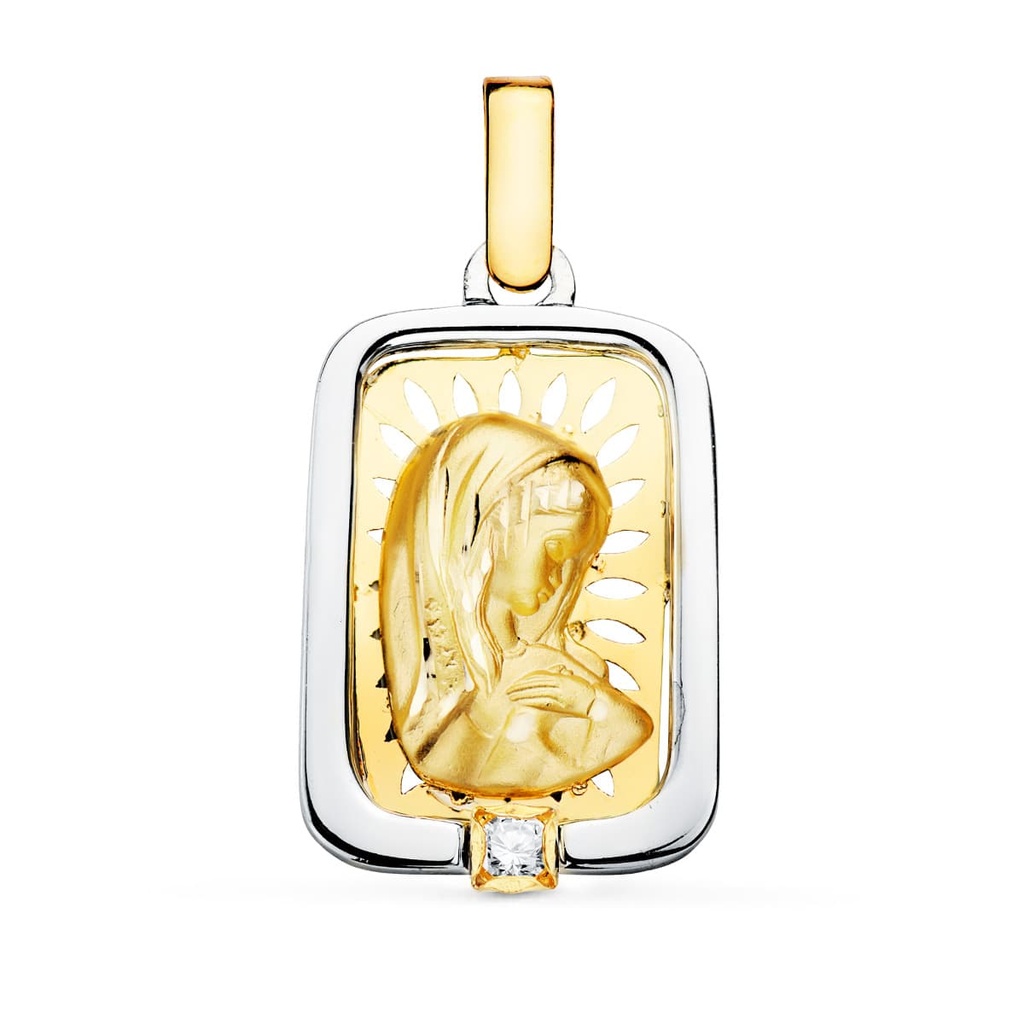 18K MEDALLA VIRGEN NIÑA ORO Y PLATA CIRCONITA 21X15 MM