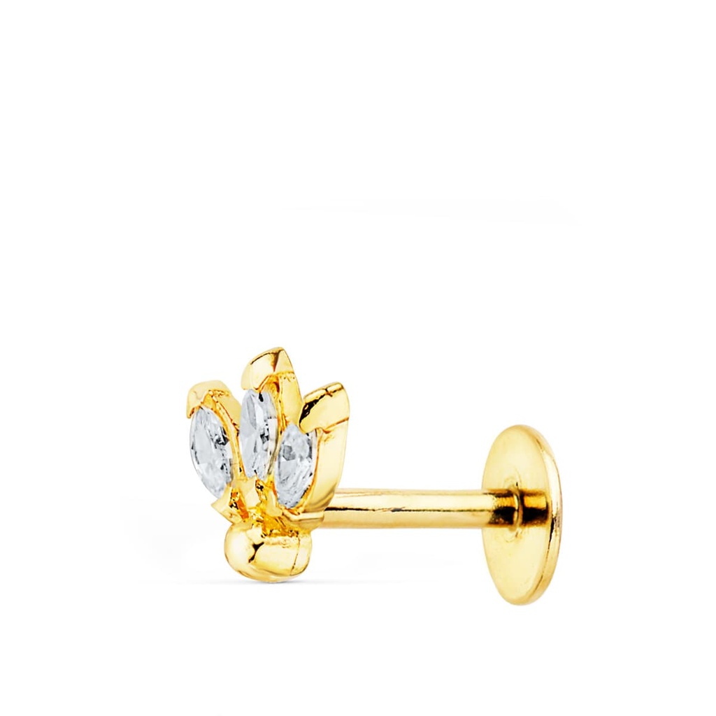 18K PIERCING OREJA ORO AMARILLO TRES HOJITAS CIRCONITAS 6.5X6 MM