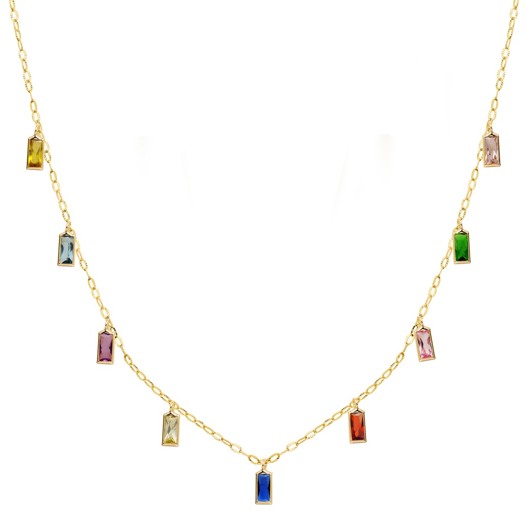 18K GARGANTILLA ORO AMARILLO Y COLGANTES DE CIRCONITAS DE COLORES CADENA FORZADA 42 + 3 CM
