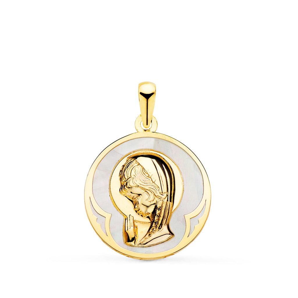 18K MEDALLA ORO AMARILLO REDONDA CON NACAR BLANCO Y VIRGEN NIÑA 15 MM