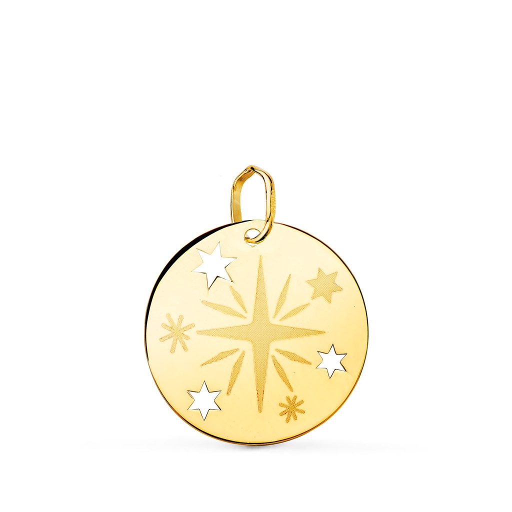 18K COLGANTE ORO AMARILLO REDONDO ROSA DE LOS VIENTOS GRABADA EN BRILLO 18 MM