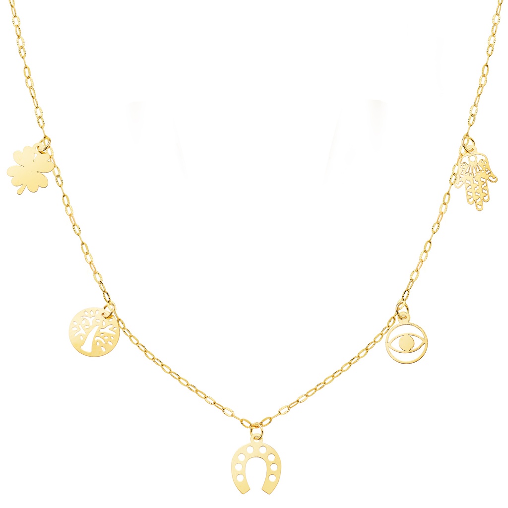 18K GARGANTILLA ORO AMARILLO CON COLGANTES DE LA SUERTE CADENA FORZADA 42 + 3 CM